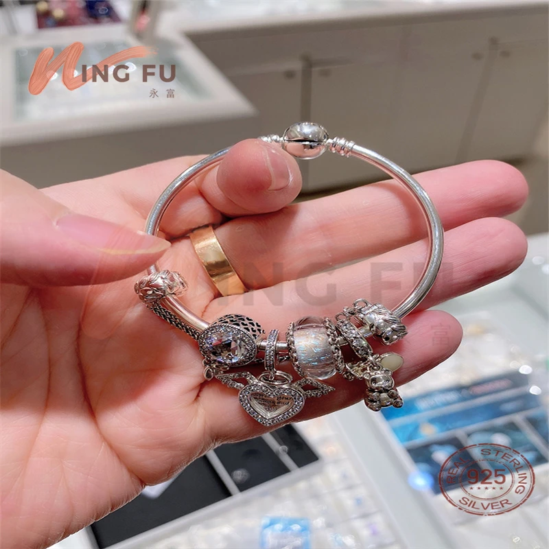 

WingFu 925 sterling silver angel wing wheat ear safety chain white cat eye pacifier bear glass bracelet set woman FIT PAN