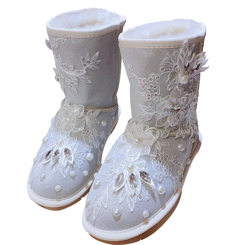 

Luxury 2020 Winter Handmade Flower Women's Snow Boots Cow Suede Warm Plush Fur Mid-Calf Boots Sweet Ladies Pearls Botas Mujer