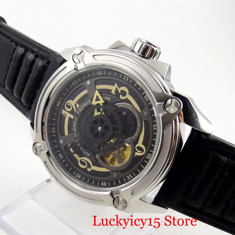 

PARNIS роскошные высококачественные мужские наручные часы 44 мм из нержавеющей стали с автоматическим перемещением Мужские часы с кожаным рем...