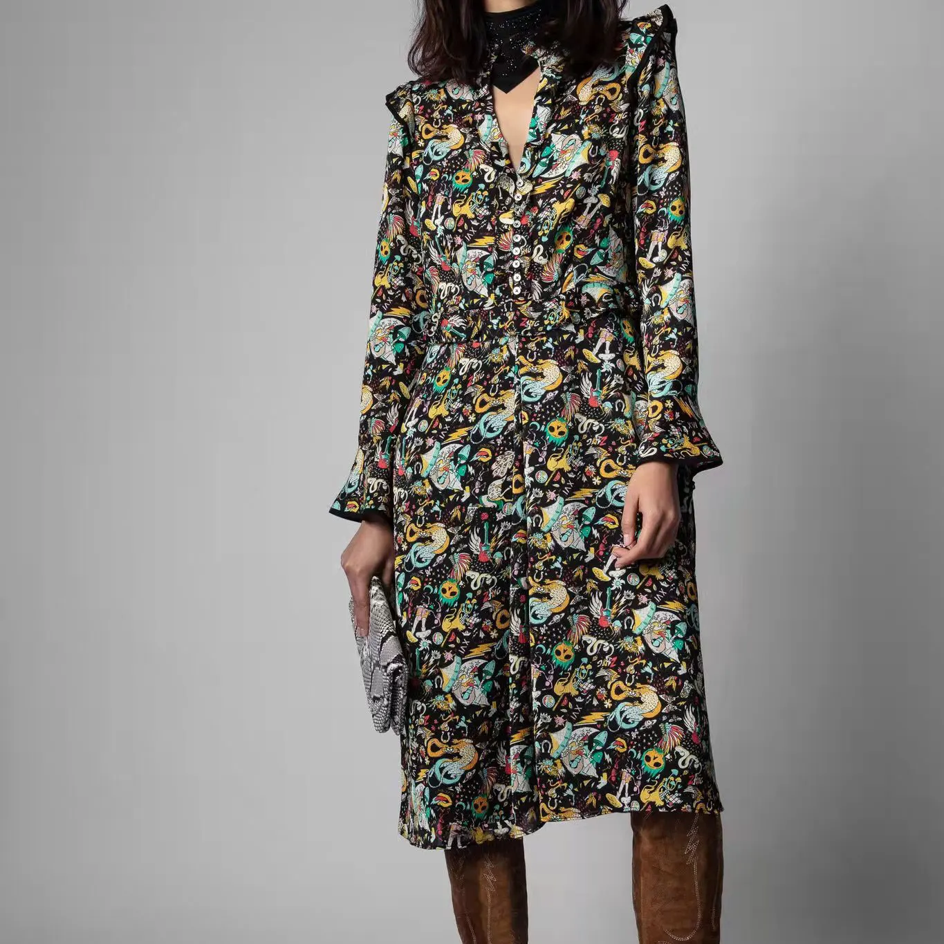 

Women print dress lady v-neck ruffle fashion midi dress 2022 new