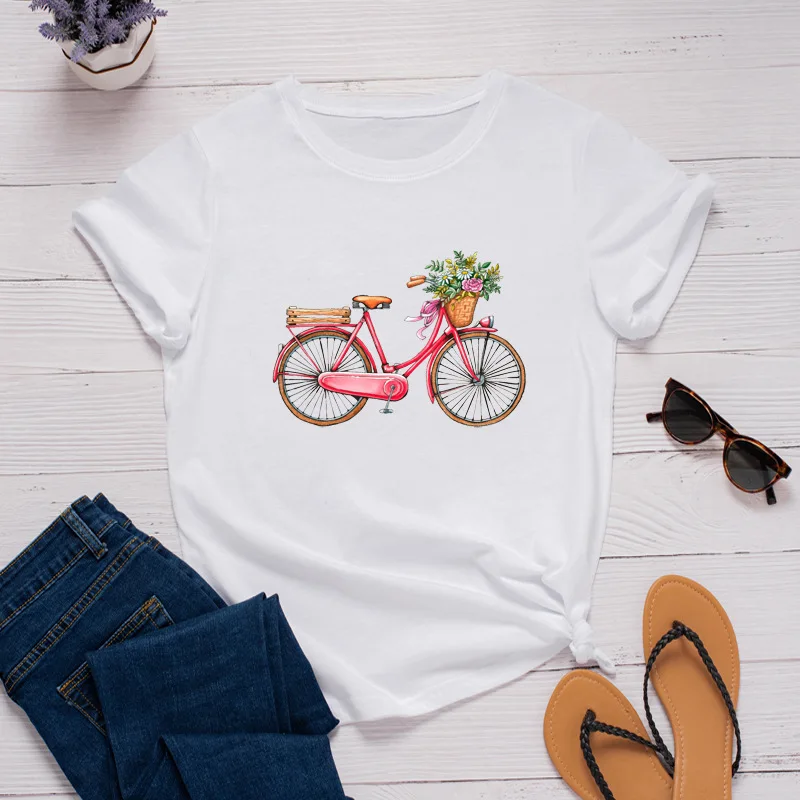 

Women Cotton T-Shirt Bike and Flower Graphic Tees Short Sleeve Tees Tops Oversized Summer Casual Round Neck Tshirt