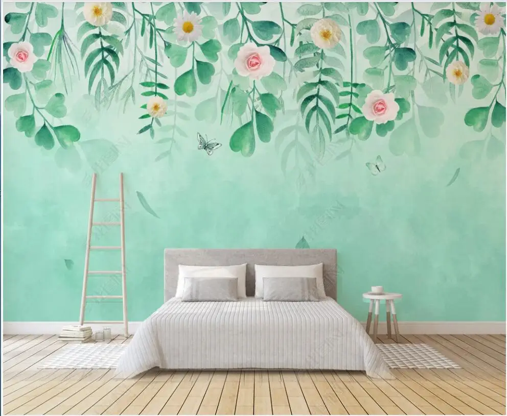 

custom mural Photo wallpaper on the wall Fresh green leaves flower watercolor bedroom 3d wallpaper for walls in rolls