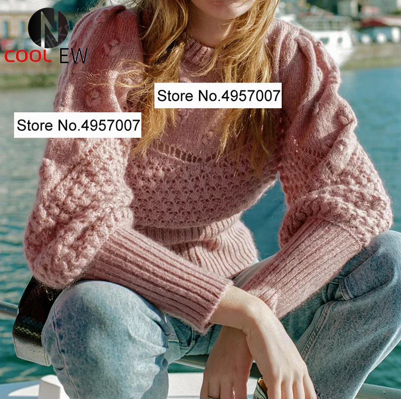 

Ladies O Neck Wool Blend Hollot Out Knitted Pullover Top - Women Puff Sleeve Crochet Knit Jumper Sweater