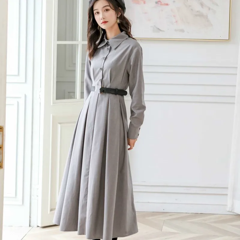 Женское однобортное платье LANMREM серое винтажное с отложным воротником весна лето