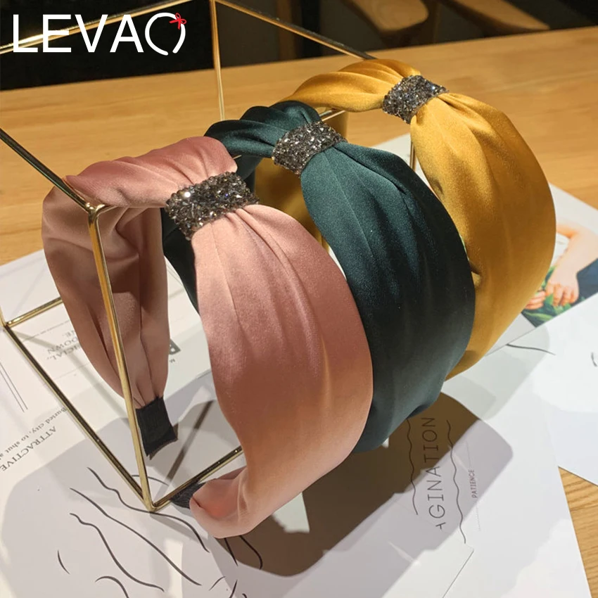 

Levao Winter Warm Satin Headband for Women Chic Baroque Rhinestone Pearl Hairband Blue Crystal Hair Hoop Wide Bands Headwear