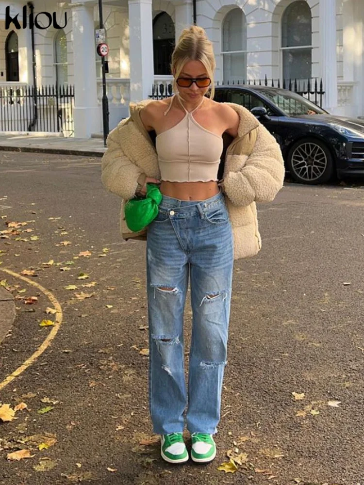 

Kliou рваные джинсы женские осенние однотонные прямые брюки средней талии выразительные повседневные женские универсальные уличные брюки дл...