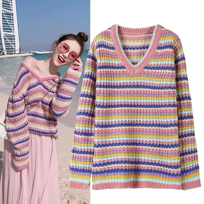 

Thick Rainbow V-Neck Sweater Women Tops 2020 autumn winter Korean Plus size Streetwear Jumper Pull Femme Hiver Knitted Pullover