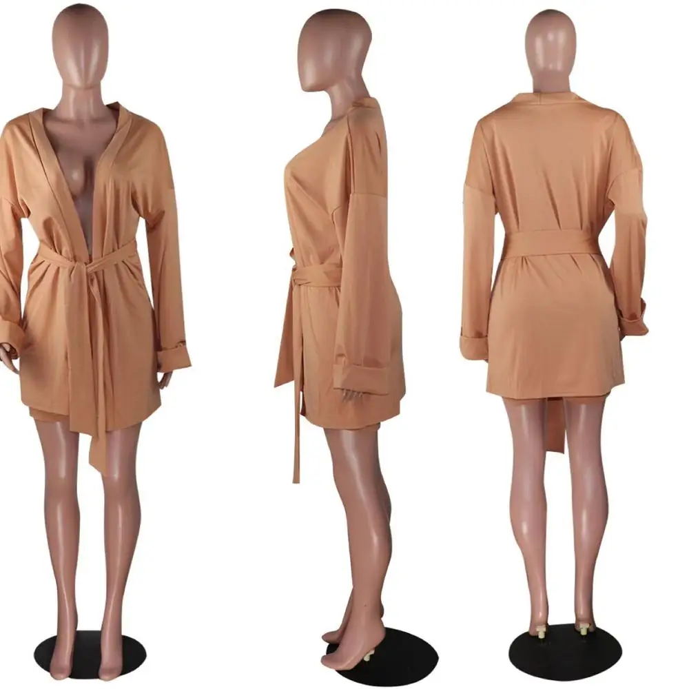 

Fashion Casual Women Shorts 2 Piece Sets Autumn Long Sleeve Open Stitch Bandage Coat Plus Size Matching Sets Club Sexy Outfits