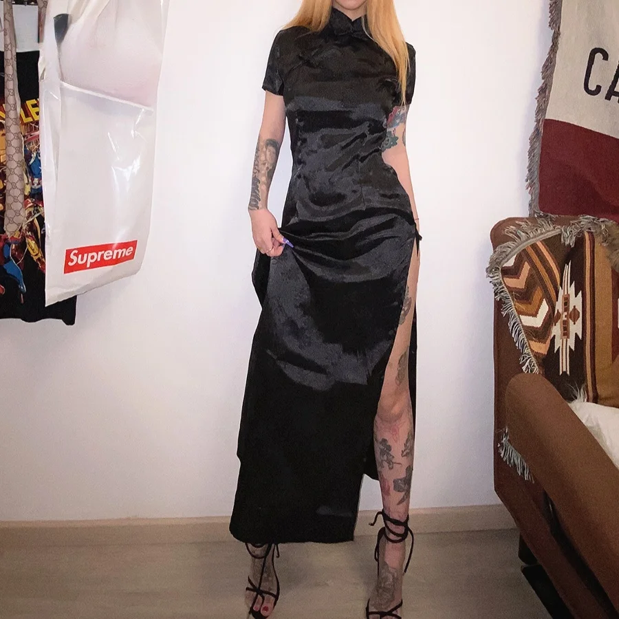 

New 2022 Soft Satin Traditional Chinese Mid-Calf Dresses Women Black Embroidery Elegant Split Long Qipao Club Party Gown Robe