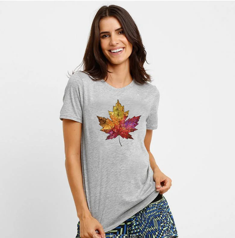 

New creative black maple leaf letter personalized print casual Pullover short sleeve T-shirt top for women