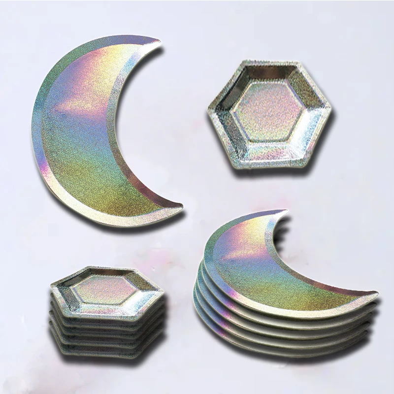 

8pcs Disposable Tableware Plates Laser Half Moon Shaped Plate Hexagon Party Disposable Paper Plate Soup Bowl Fried Rice Plate