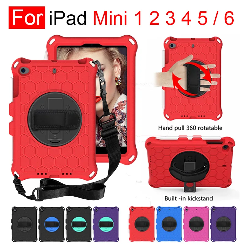 

For iPad mini 1 2 3 4 5 6 EVA Kids Safe Shockproof 360 Rotate Hand Shoulder Strap Stand Tablet Case Cover