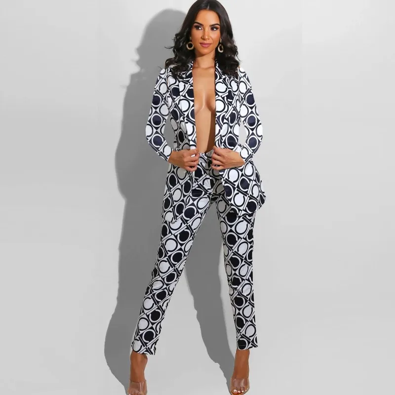 

Fashion Print Blazer Set Full Sleeve Jacket Tops And Pants Two Piece Set Women New Arrival Elegant Office Lady Blazer Suits