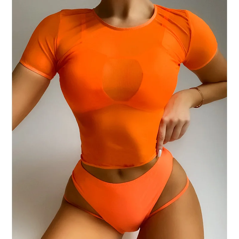

Female Swimsuit High Waisted Biquini Women Swimwear Three Pieces Bikini Set With Cover Up Orange Bather Mesh Bathing Suit Swim