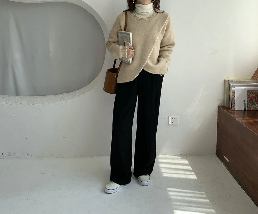 

ZCSMLL Korean Round Neck Pullover Contrast Color Loose Design Side Slit Long Sleeve Knitted Sweater Women 2021 Spring