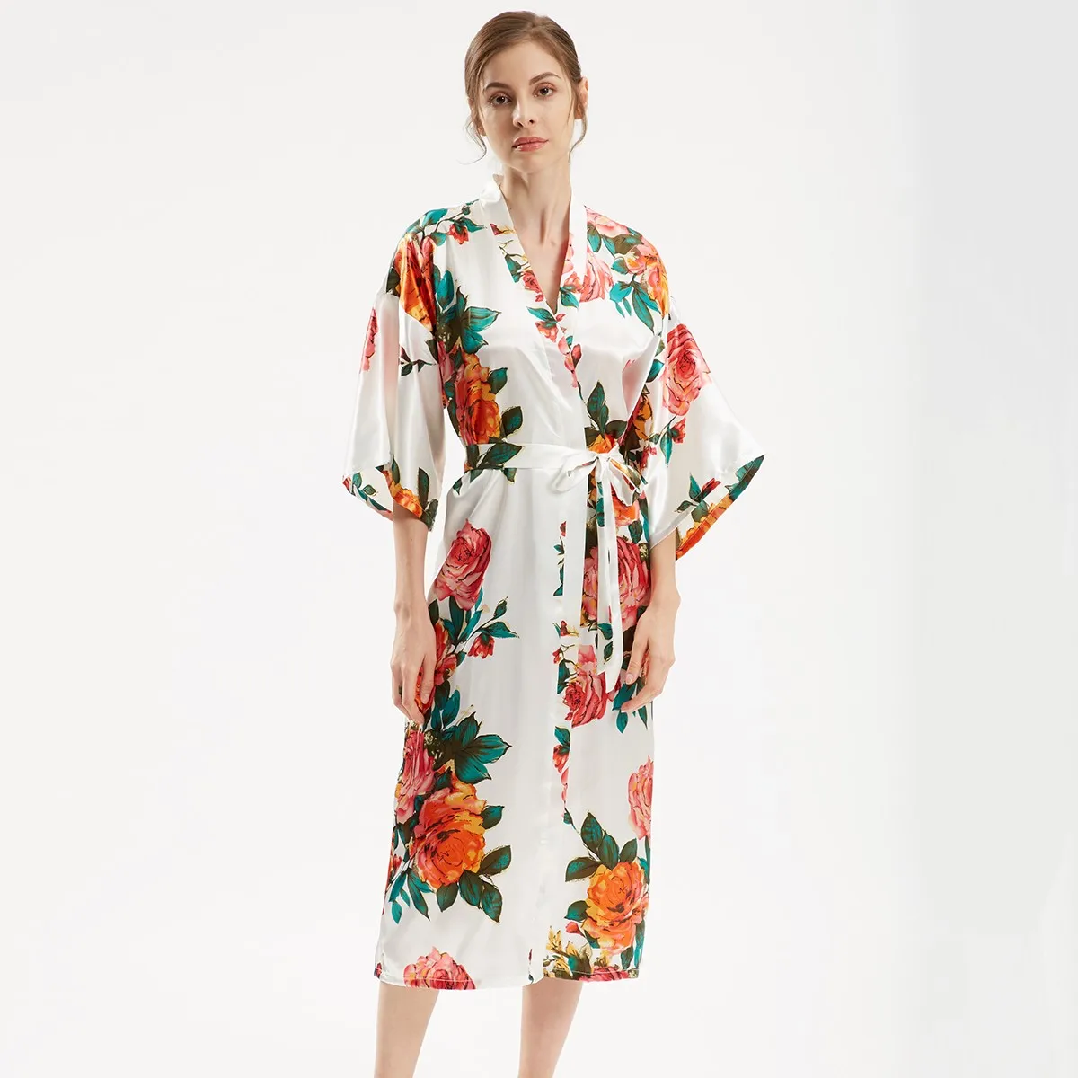 

Large Size Satin Sleepwear Women Kimono Bathrobe Gown Bride Bridesmaid Wedding Robe Silky Intimate Lingerie Print Nightdress