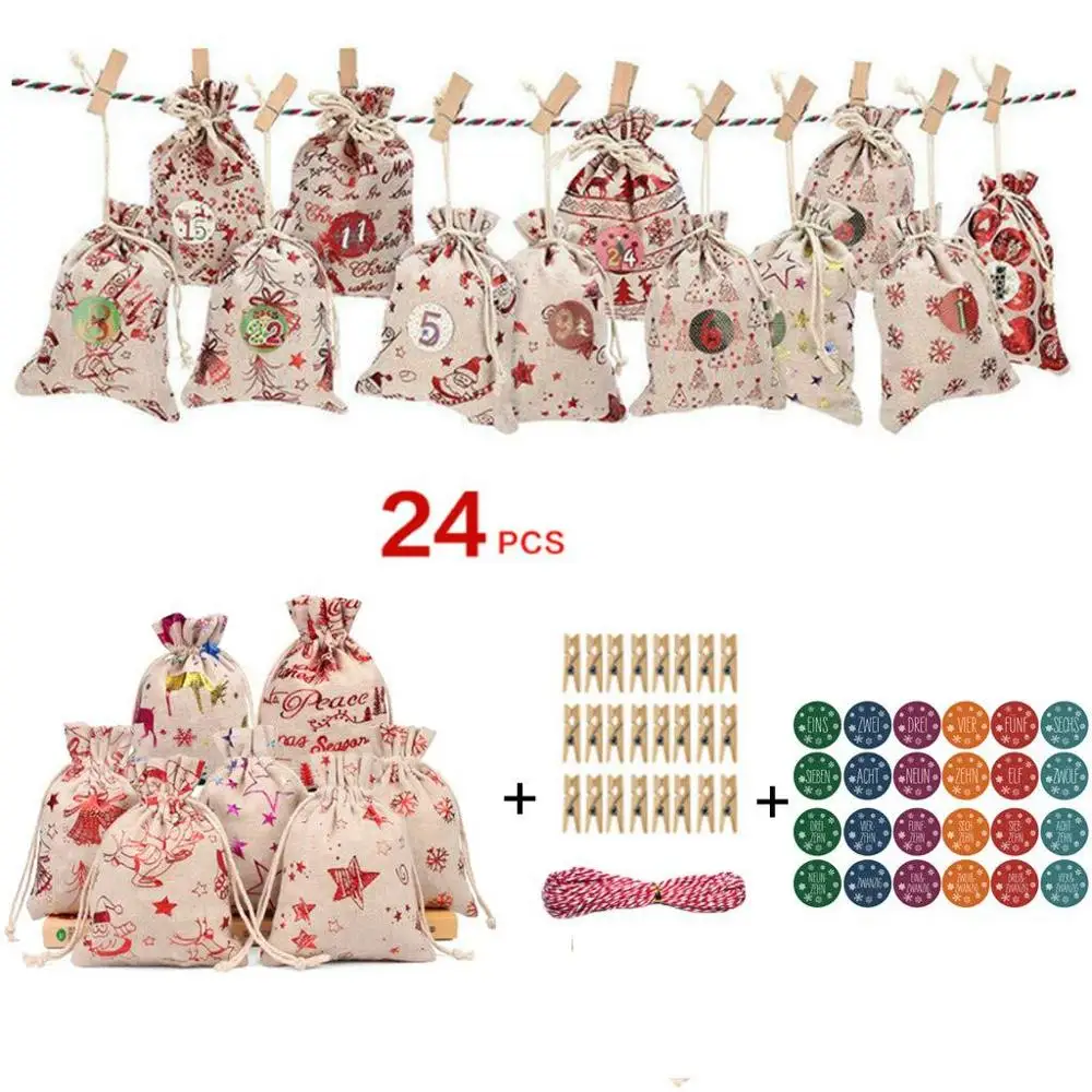 

Christmas Advent Calendar Gifts Bags Christmas Decor 24 Days Jewelry Packaging Pouches Calendar Garland DIY Bag Candy Holder
