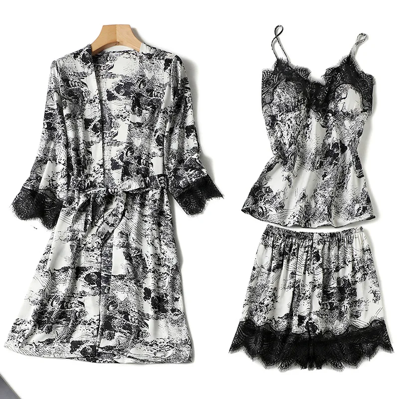 

Sexy Sleepwear Lace Three Pieces Set Pajamas Women Ink Printing Kimono Robe Gown Suit With Suspender Nightgown&Shorts Loungewear