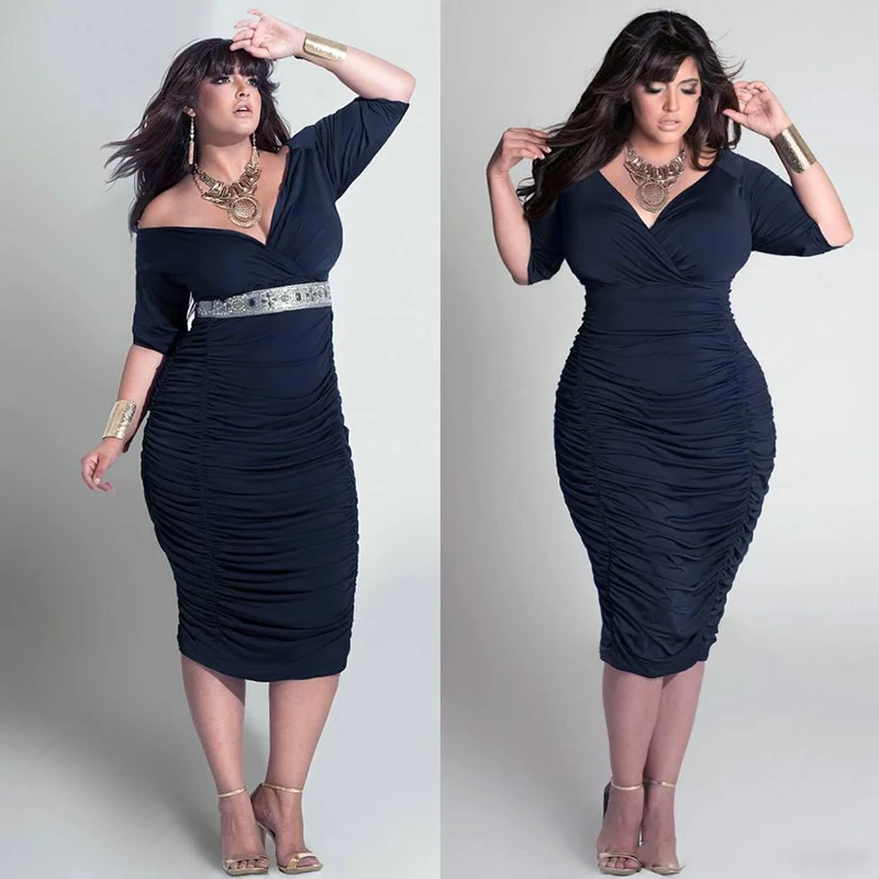 

Stunning Plus Size Ruched Evening Dresses With Half Sleeves V-Neck Tea Length Evening Gowns Sheath Dark Navy Short Formal Dress