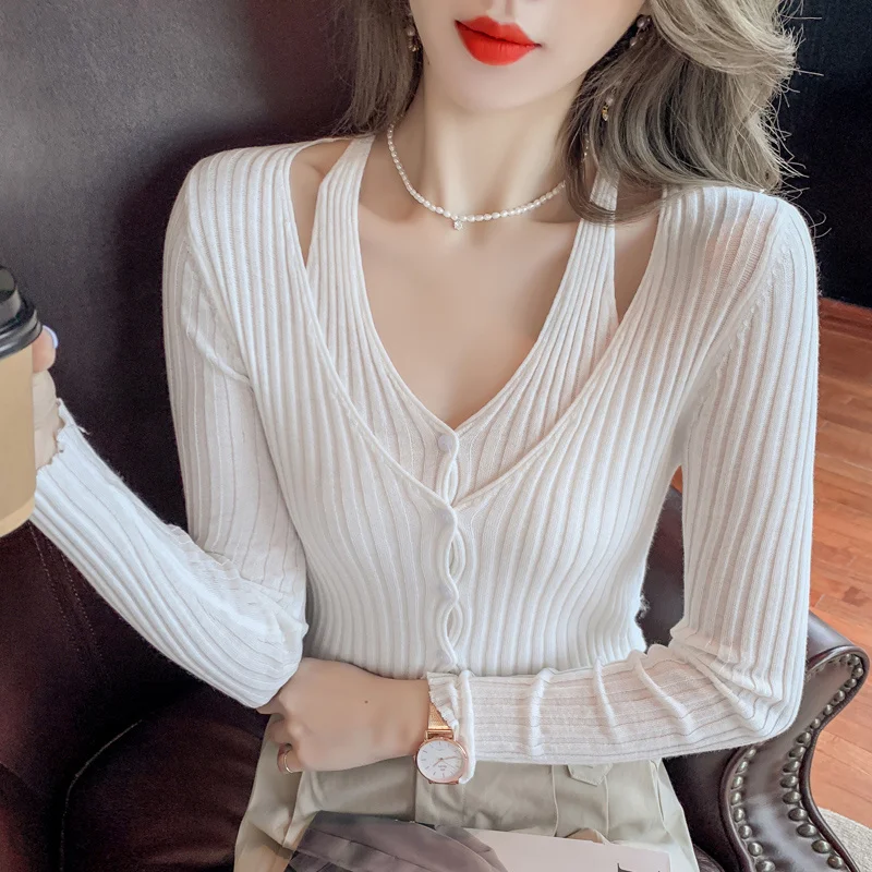 

Осень 2021, корейский стиль, имитация двух частей, кардиган, тонкая рубашка, трикотажный топ