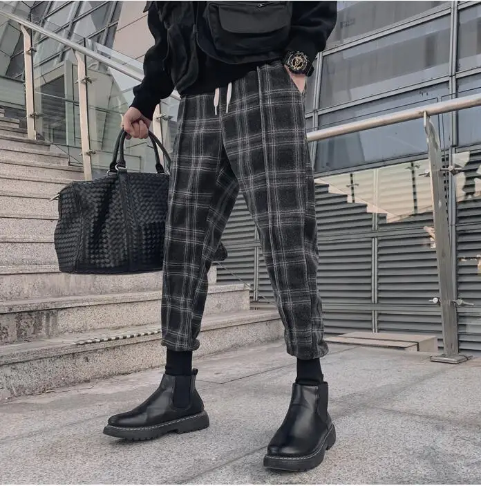 

Men's casual slim-fit harem pants autumn and winter new Korean style trendy Men all-match plaid trousers