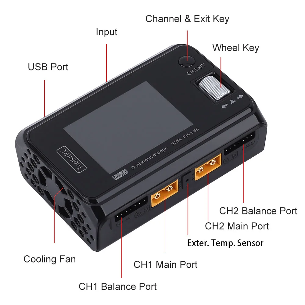 

IN Stock ToolkitRC M6D 500w 15A DC Dual Channel Smart Charger Discharger Battery Balance for 1-6S Lipo LiHV Lion NiMh Pb Cell