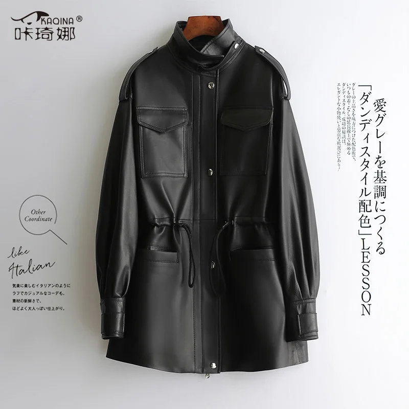 

SHZQ 2021 Early Autumn New Leather Coat Sheep Leather Windbreaker Coat Women's Solid Color Medium Length Waist