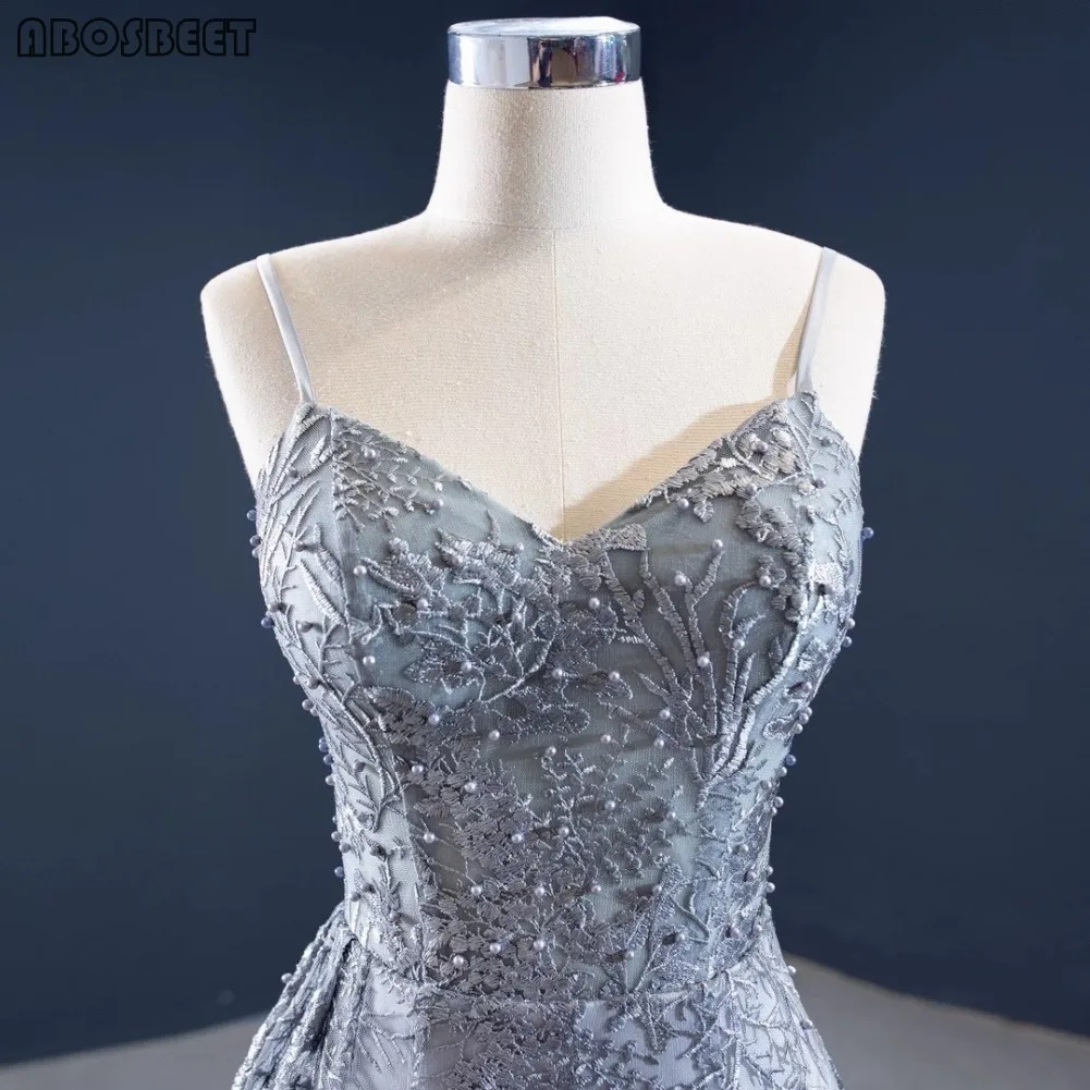 

Lace Mermaid Prom Dress Long Grey Long Formal Dress Evening Gown with Train Spaghetti Strap V Neck Vestido De Fiesta Sleeveless