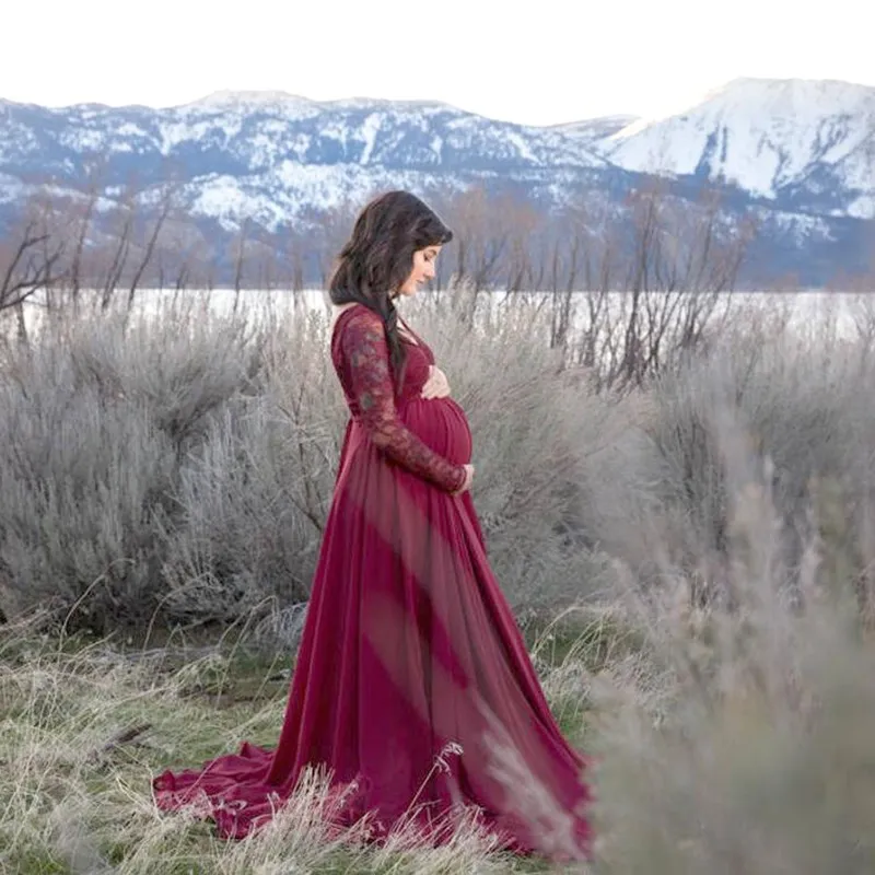 

V-Neck Maternity Lace Chiffon Dress Pregnant Women Photography Pregnancy Easy Spring Autumn Maxi Gown Photo Shoot Props Clothing