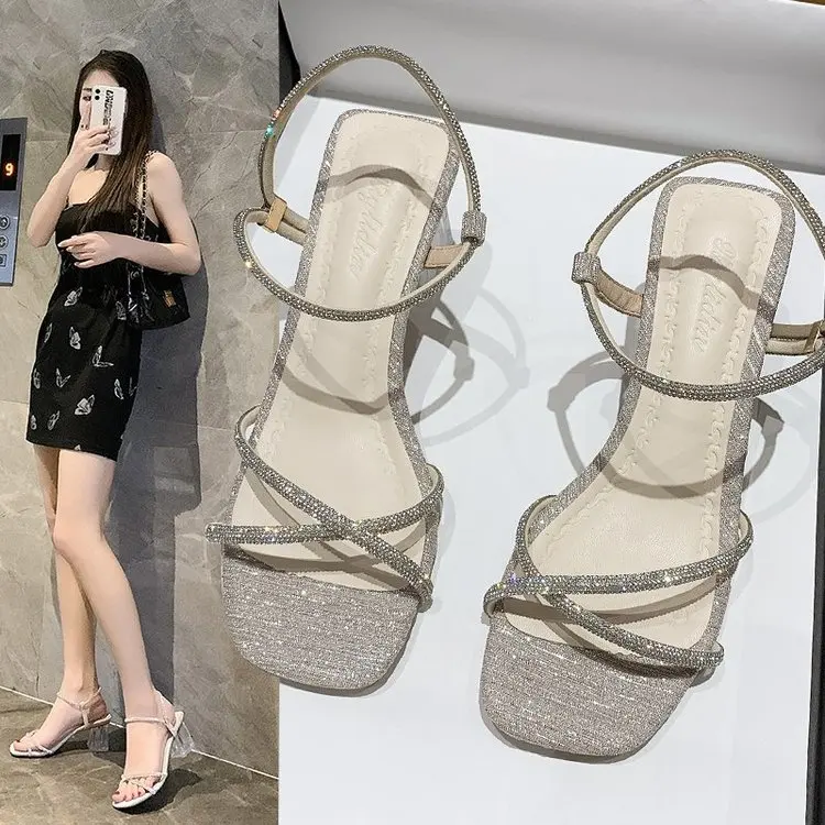 

Crystal Slippers Ladies High Heels Summer Transparent Sandals Style Block Heels 2021