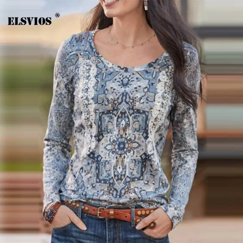

2021 Fashion Women's Spring New O Neck Print T-shirt Casual Long Sleeves Ethnic Style Elegant Loose Pullover Office Lady T-shirt
