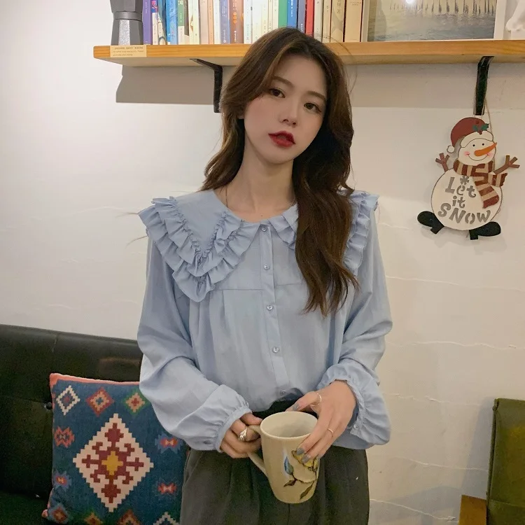 

French Style Western Style Shirt Women's Spring New Korean Style Loose All-Matching Slimming Wooden Ear Doll Collar Long Sleeve