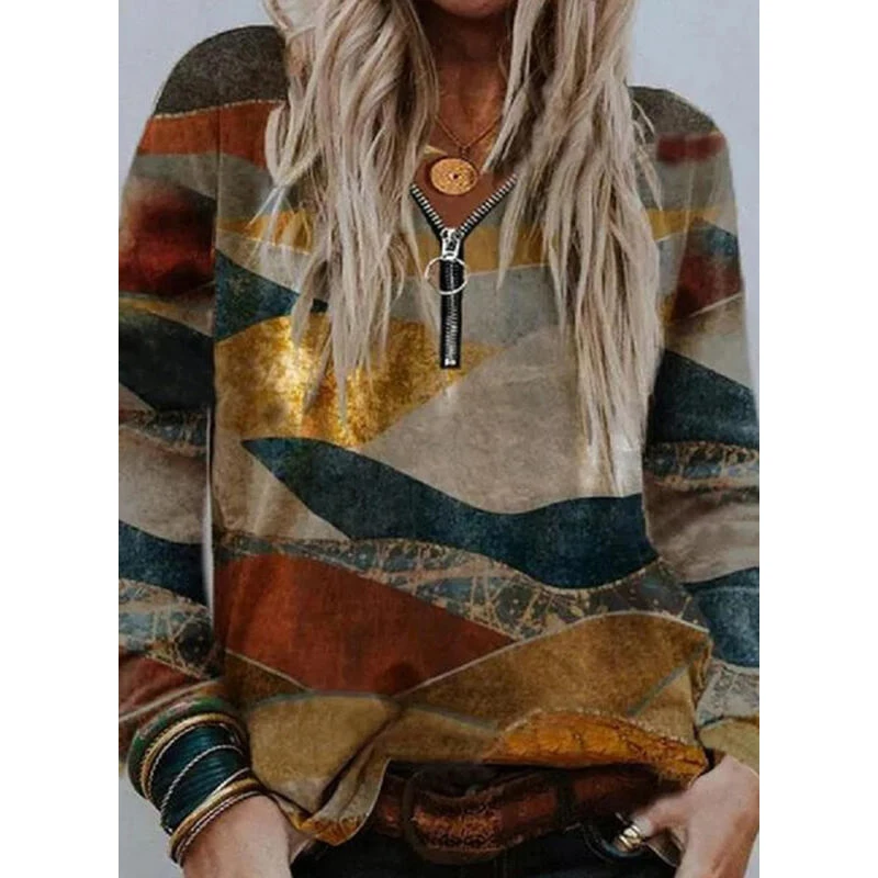 

2022 Spring Autumn Fashion Women Color block Harajuku Zipper T-shirts Casual Tops Tee Female Long Sleeve T Shirt Women Clothing