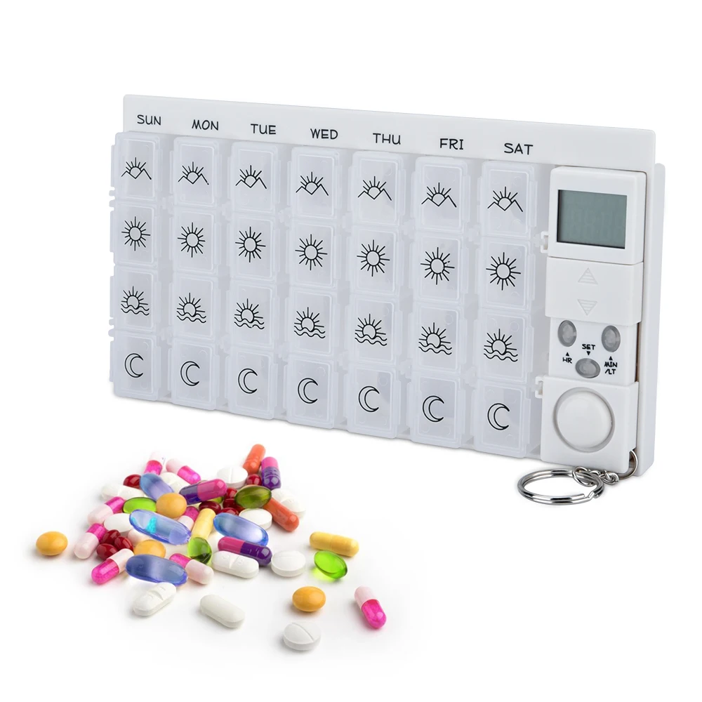 

7 Days Pill Box Medicine Pill Case Organizer LED Timer Reminder 28 Grids Weekly Tablets Storage Pill Dispenser Alarm Clock