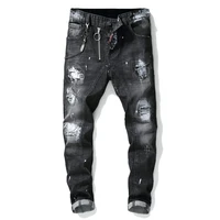 new dsquared2 mens jeans with holes patch spray paint slim fit zipper stitching stretch pants 1012