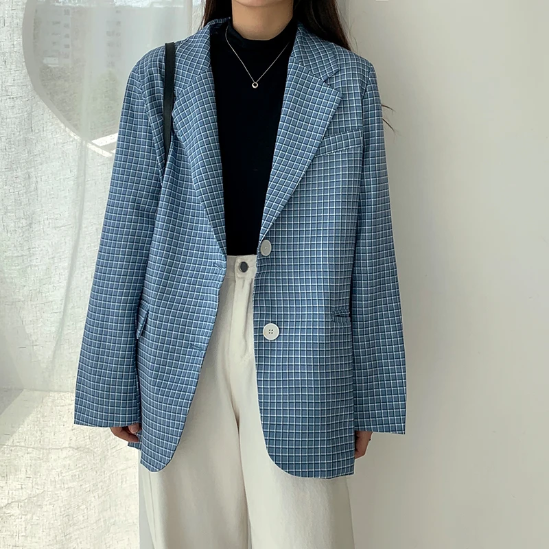 

Lauri Laki New Plaid Blazer Jacket Women Plus Size Vintage Long Sleeve Blazer Coats Autumn 2021 Elegant Office Lady Outwear