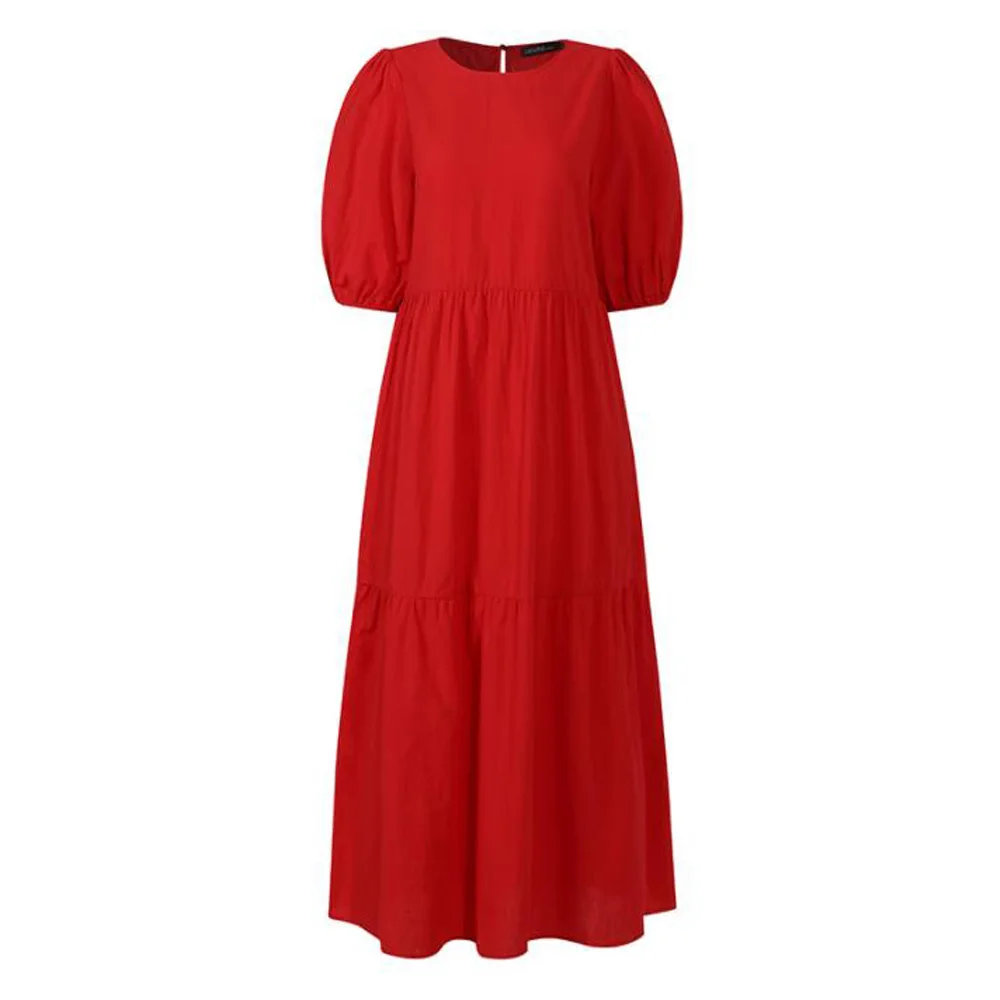 

Plus Size Hot Summer Dress Red Vestido Maxi Puff Short Sleeve Dress Women Cotton And Linen Boho Long Vintage Dress