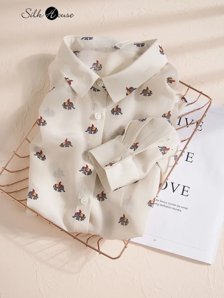 

Beige Baby Elephant Print Silk Shirt Female Long-sleeved Square Collar Comfortable Thin Loose Medium-length Silk Top