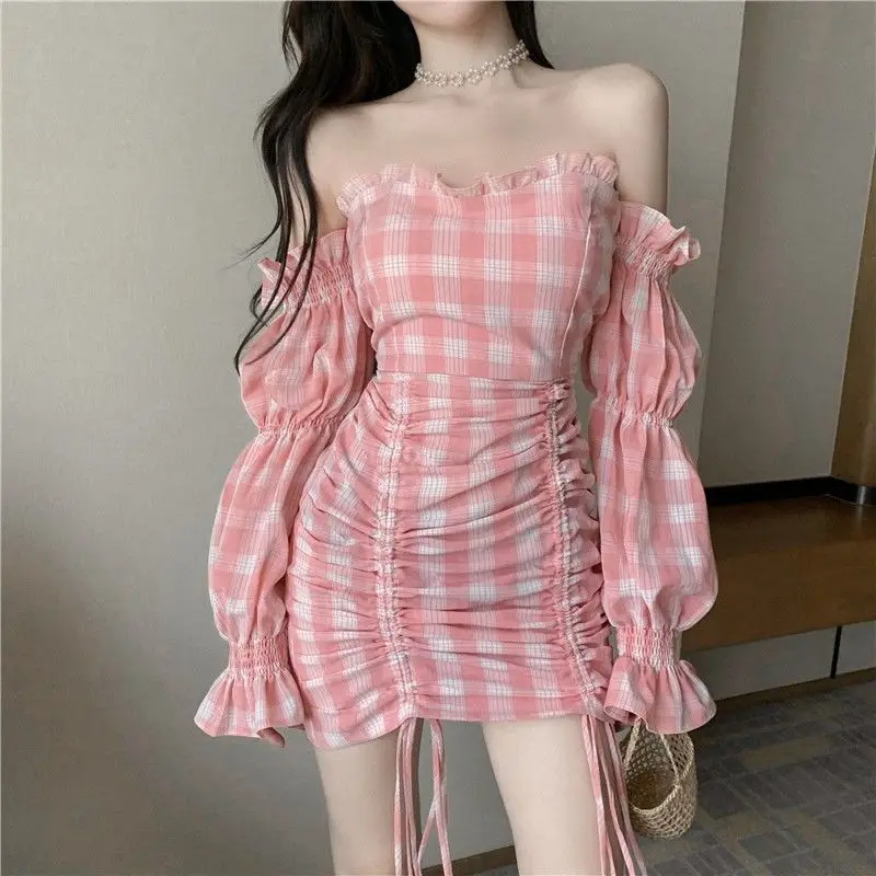 

Autumn New Style Foreign Style One Shoulder Long Sleeve Waist Closing Thin Dress Women's Korean Style Fashion Plaid Short Skirt