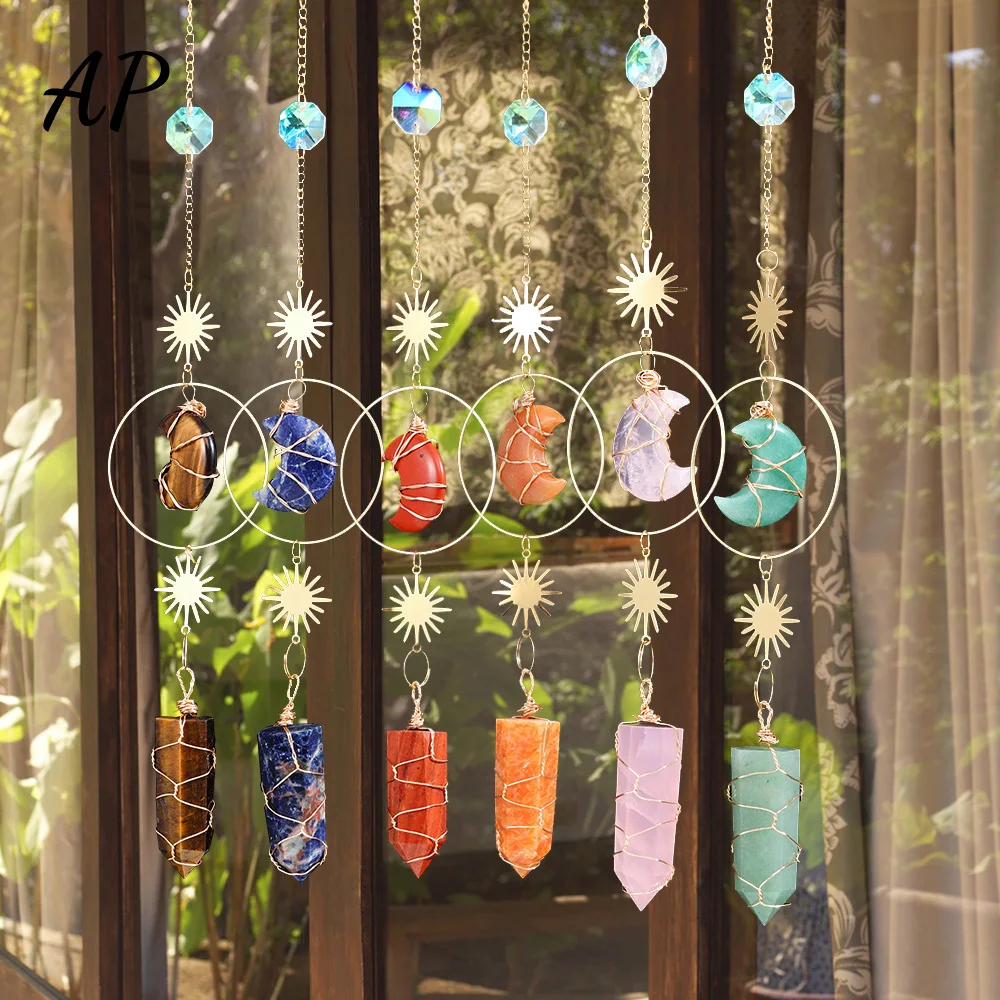 Natural Crystal Rose Quartz Dream Moon Handmade Wind Chime Catchers Pendant Window Hanging Gift Home Room Decor