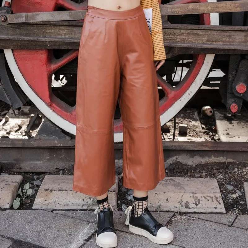 

New brand ankle length leather real community women fashion flu high quality sheepskin women thigh pants