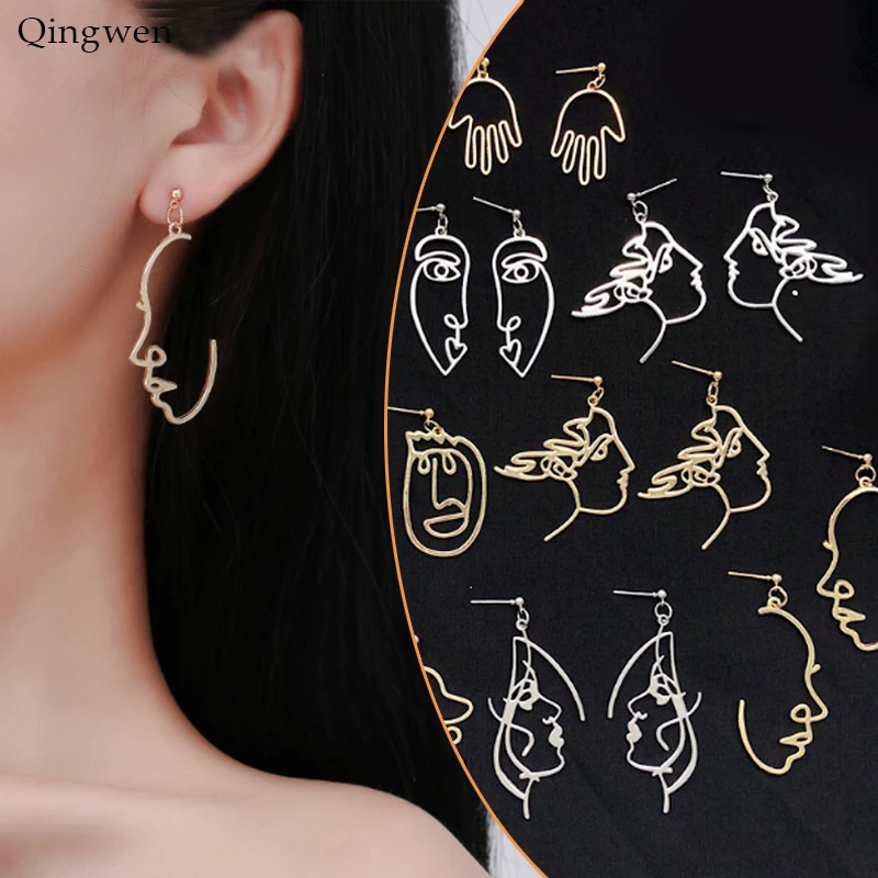 Женские серьги в форме лица Qingwen модные абстрактные металлические подвески стиле