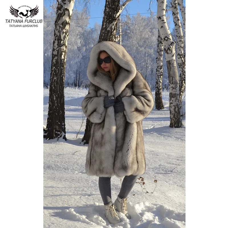 High Qulaity Natural Blue Fox Fur Coat Long Winter Fashion Women Real Fox Fur Overcoats With Hood Warm Fur Coats Female Luxury