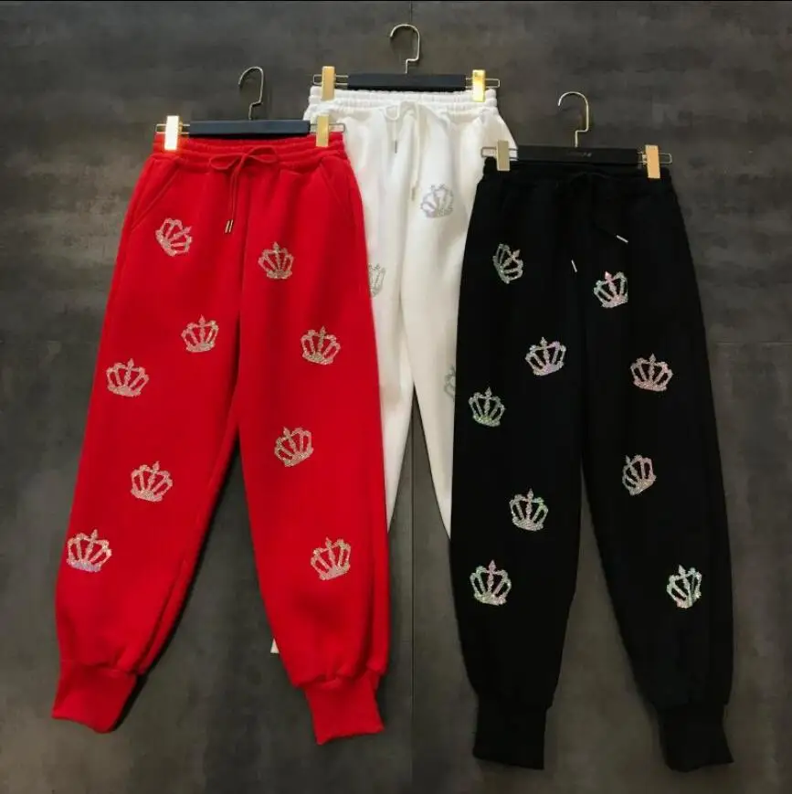 Зимние новые модные штаны с рисунком короны стразы бархатные повседневные брюки