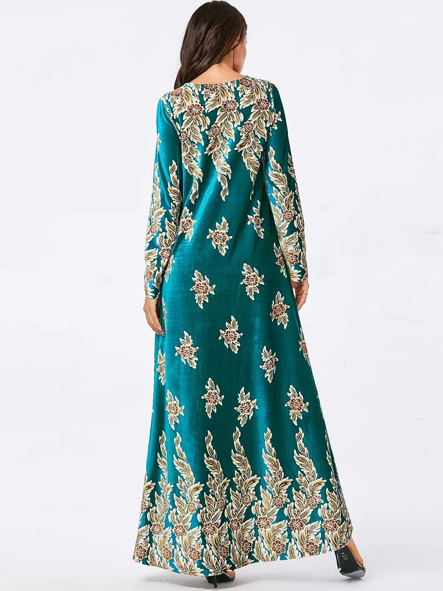 

winter women ethnic velvet floral golden stamping maxi dress fashion full sleeve plus size african arabic muslim gown