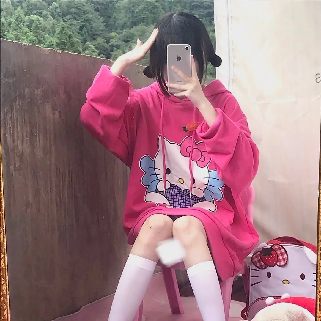Sanrio Hello Kitty Women's Hoodie Hoodie Rose Red Top Loose Coat Casual Printing Spring and Autumn Korean Style Student Hoodie