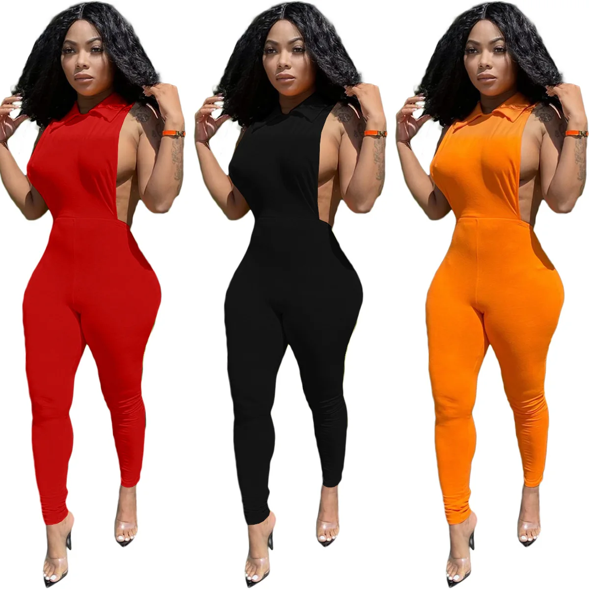 

One Piece Women's Clothing Custom Sexy Sleeveless Hollow Personality Naked Back Fashion Lapel Solid Color Trousers Jumpsuit