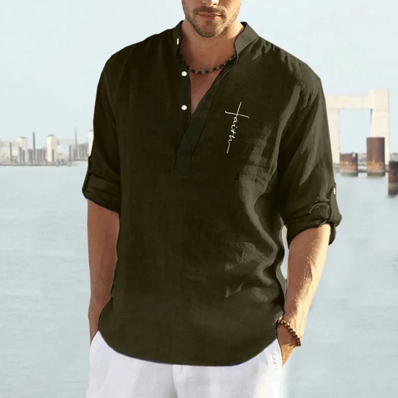 

2021 Long Sleeve Shirt Linen Tops Sexy Men clothing 2021 Summer Letter Print Casual Pullover Single-breasted Sexy Mens Blouse