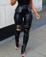 spring women cutout pu leather skinny pants with belt 2022 new sexy femme high waist slit trousers y2k lady clothing traf