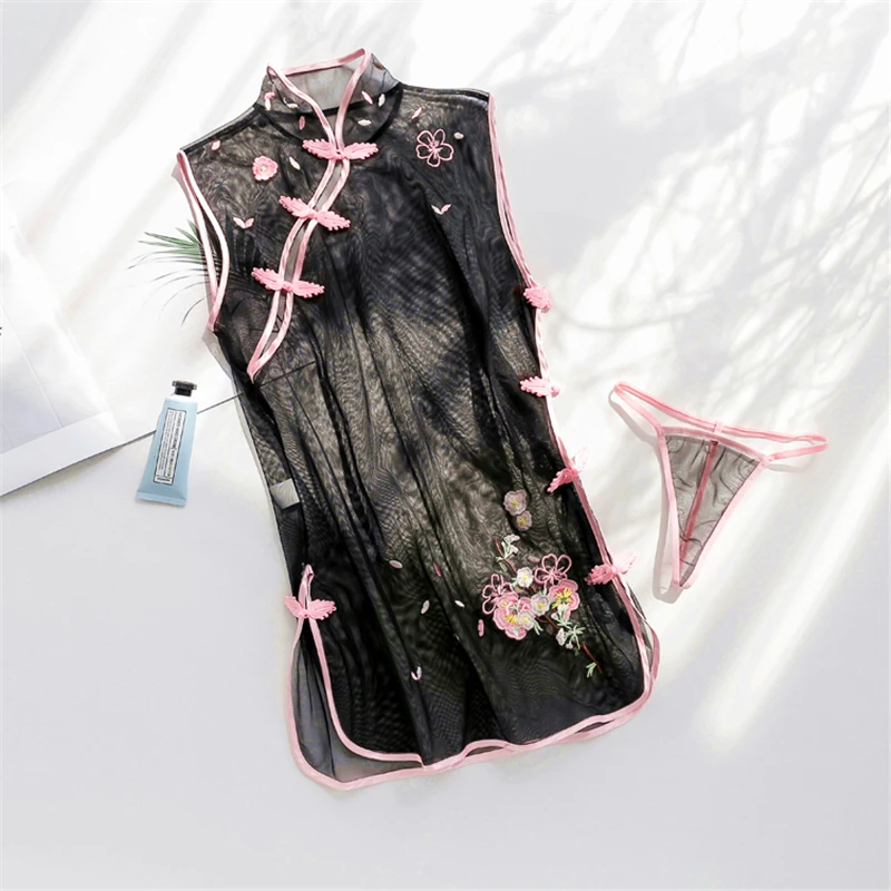 Сладкий китайский Cheongsam Babydoll сексуальное женское белье с цветочной вышивкой